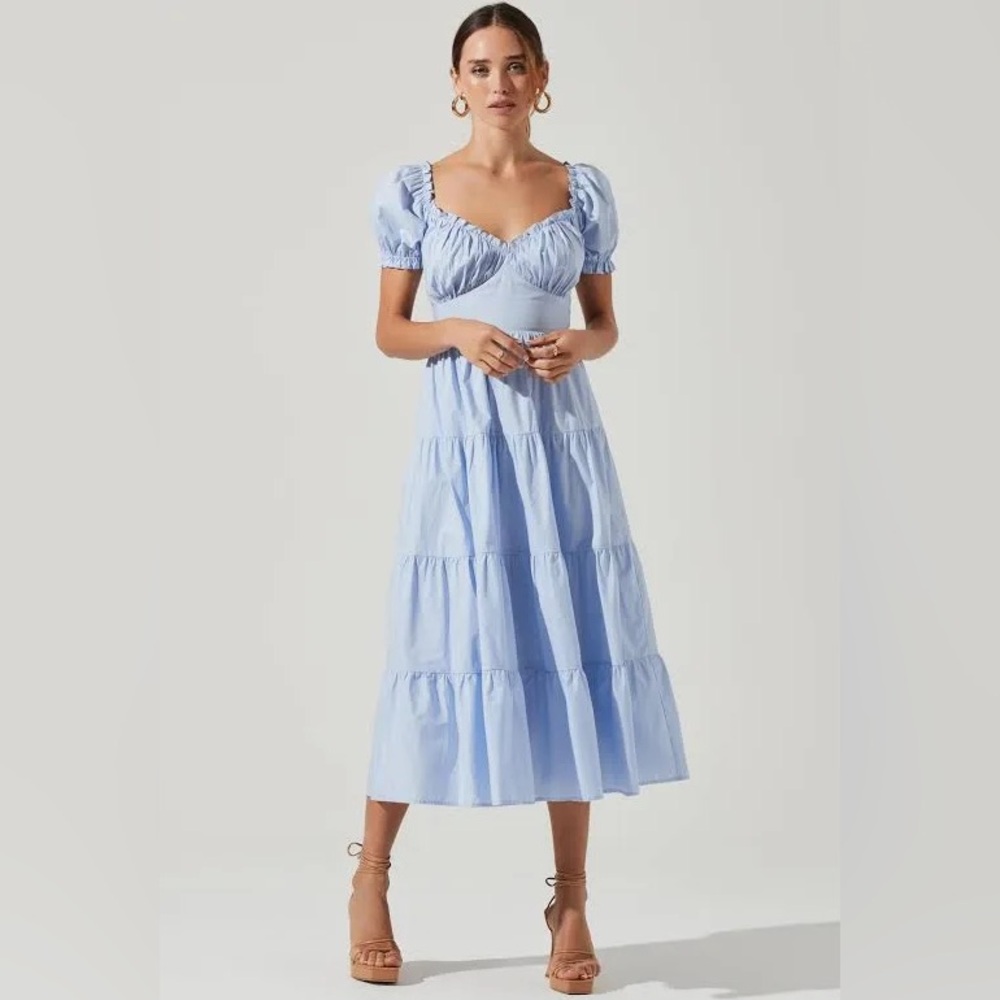 ASTR the Label Sweetheart Neck Tiered Ruffle Cotton Dress in Blue